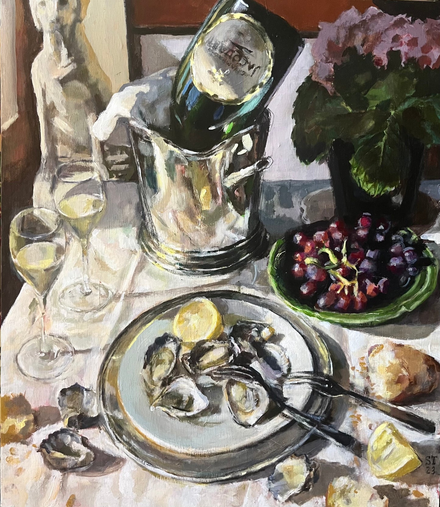 Samantha Tidbeck - Table Setting with oysters champagne grapes and dog
