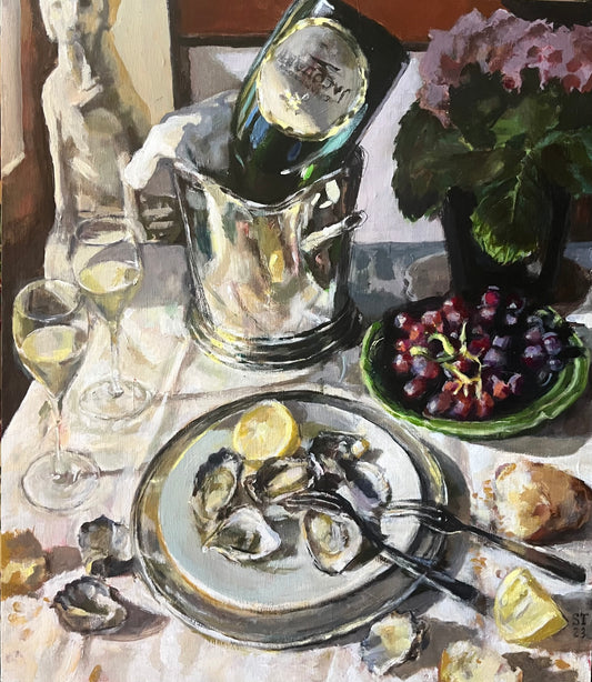 Samantha Tidbeck - Table Setting with oysters champagne grapes and dog
